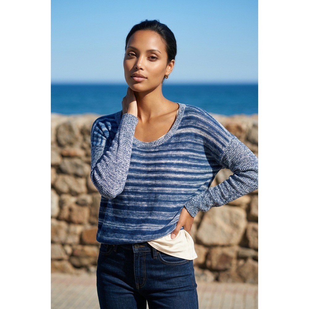 Eileen Fisher XXS Blue Striped Organic Linen Cotton Slouchy Oversized‎ Sweater